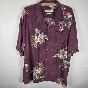 Tommy Bahama Shirt Men’s XXL Burgundy 100% Silk Floral Button Front Textured